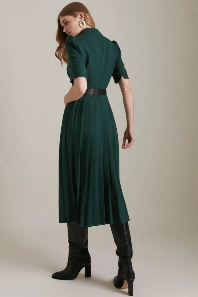 Dresses Women Karen Millen Petite Tailored Structured Crepe Forever Pleat Midi Dress Forest