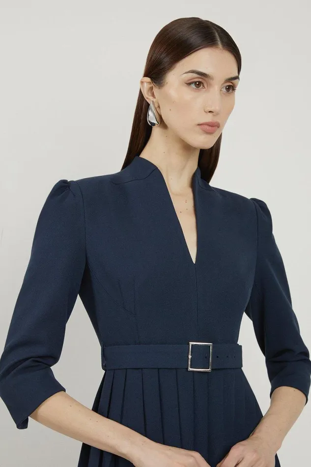 Dresses Women Karen Millen Petite Tailored Structured Crepe Pleated Midi Dress Navy