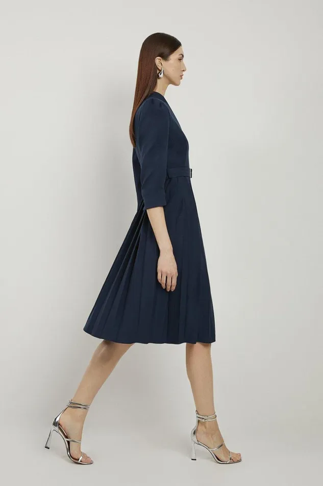 Dresses Women Karen Millen Petite Tailored Structured Crepe Pleated Midi Dress Navy