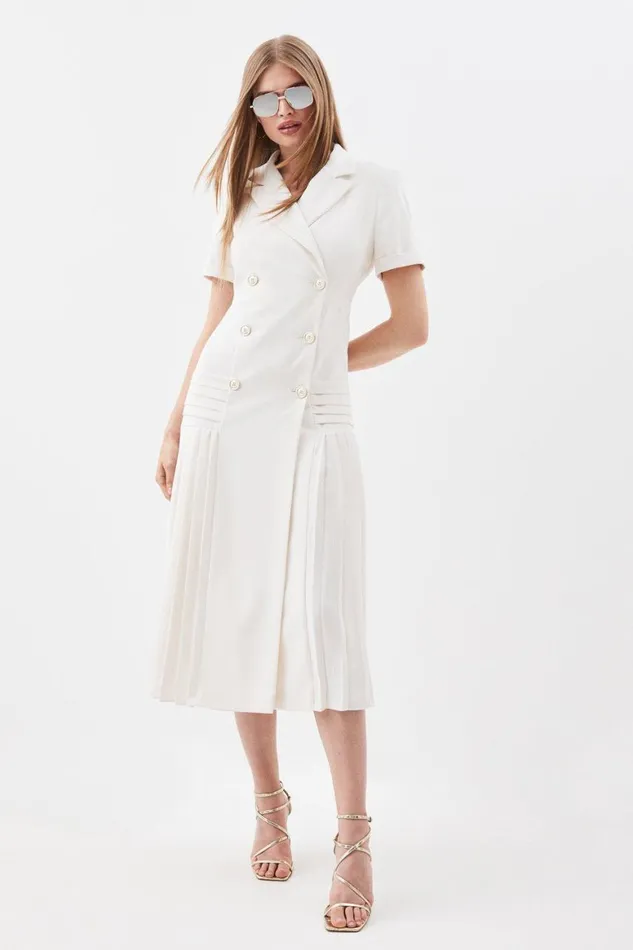 Dresses Women Karen Millen Pleated Woven Midi Blazer Dress Ivory
