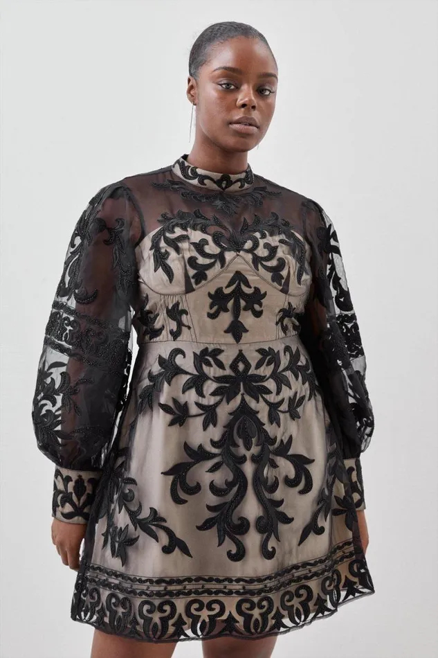 Dresses Women Karen Millen Plus Size Baroque Applique Woven Mini Dress Black