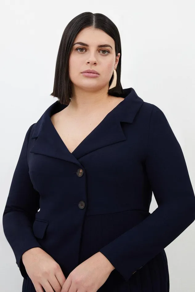 Dresses Women Karen Millen Plus Size Tailored Crepe Asymmetric Pleated Skirt Dress Navy
