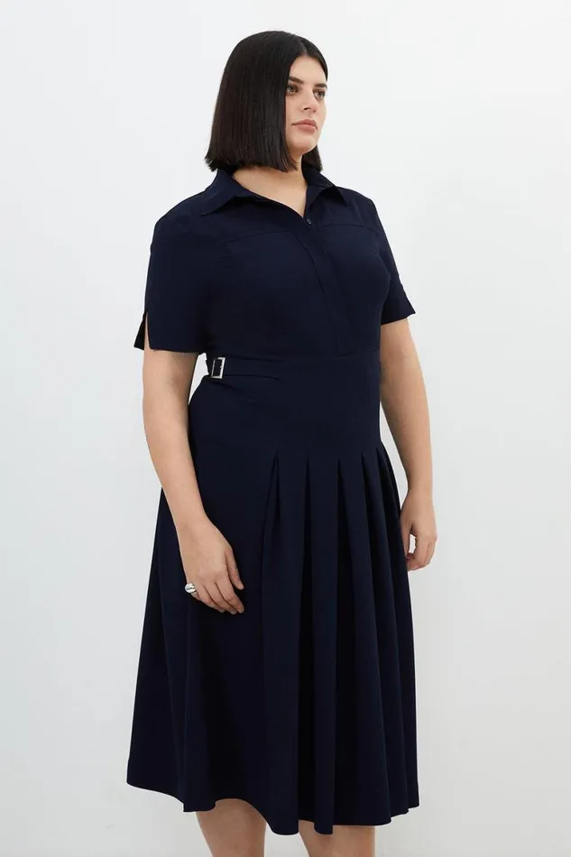 Dresses Women Karen Millen Plus Size Tailored Crepe Short Sleeve Pleated Midi Dress Navy