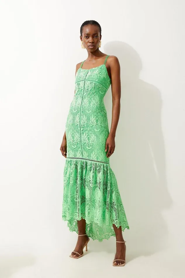 Dresses Women Karen Millen Premium Satin Guipure Lace Strappy Maxi Dress Green Dresses Women Karen Millen Premium Satin Guipure Lace Strappy Maxi Dress Green