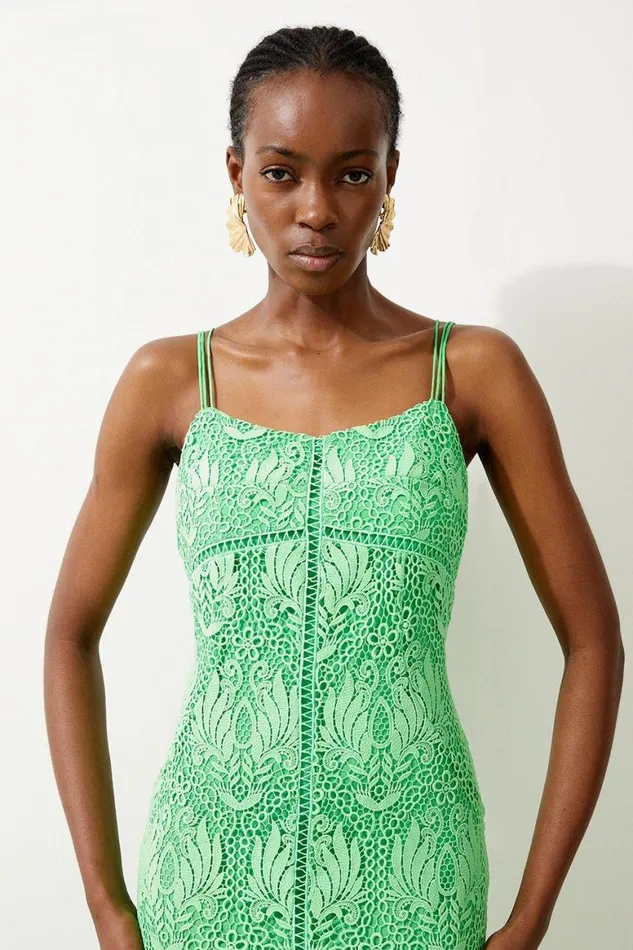 Dresses Women Karen Millen Premium Satin Guipure Lace Strappy Maxi Dress Green