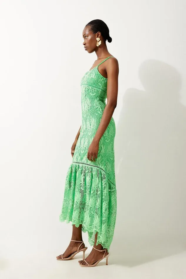 Dresses Women Karen Millen Premium Satin Guipure Lace Strappy Maxi Dress Green