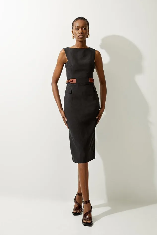 Dresses Women Karen Millen Premium Tailored Linen Tab Waist Pencil Midi Dress Black Dresses Women Karen Millen Premium Tailored Linen Tab Waist Pencil Midi Dress Black