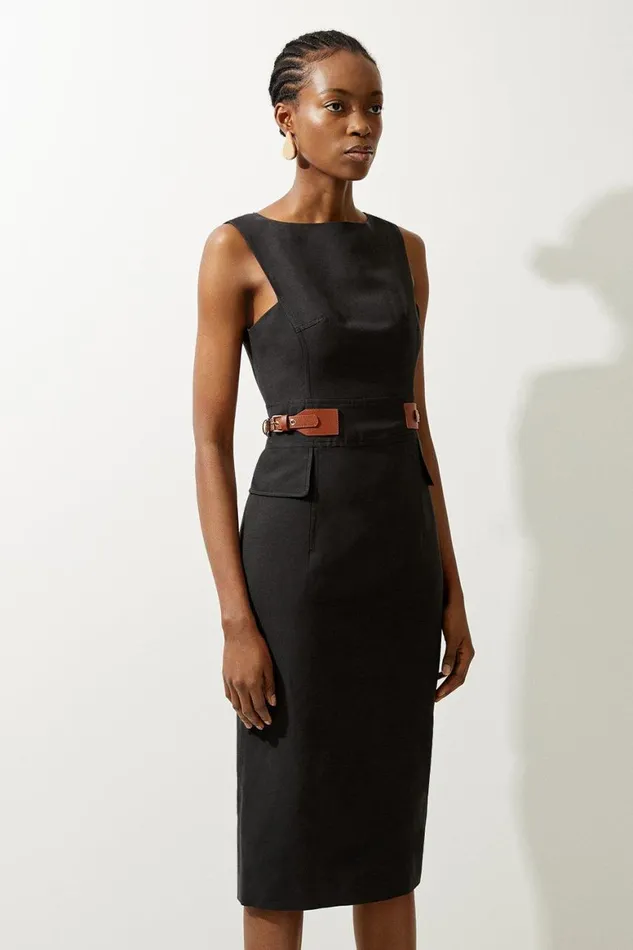 Dresses Women Karen Millen Premium Tailored Linen Tab Waist Pencil Midi Dress Black