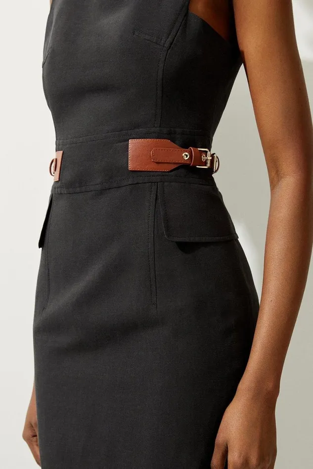 Dresses Women Karen Millen Premium Tailored Linen Tab Waist Pencil Midi Dress Black