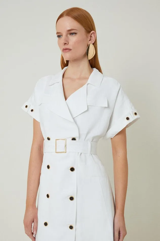 Dresses Women Karen Millen Premium Tailored Linen Viscose Double Breasted Belted Midi Shirt Dress Ivory
