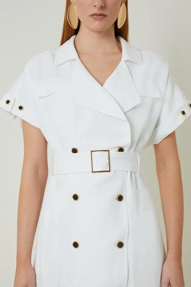 Dresses Women Karen Millen Premium Tailored Linen Viscose Double Breasted Belted Midi Shirt Dress Ivory