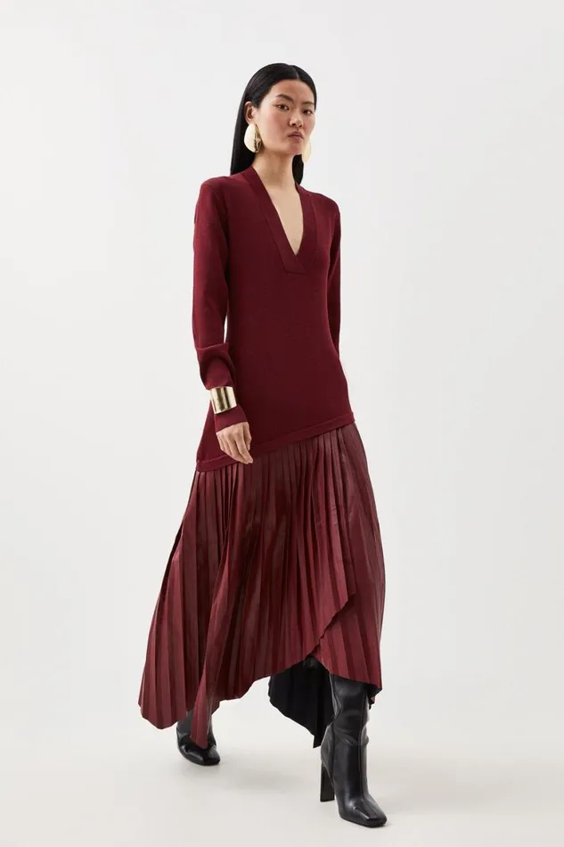 Dresses Women Karen Millen Pu Knit Belted Midi Dress Burgundy