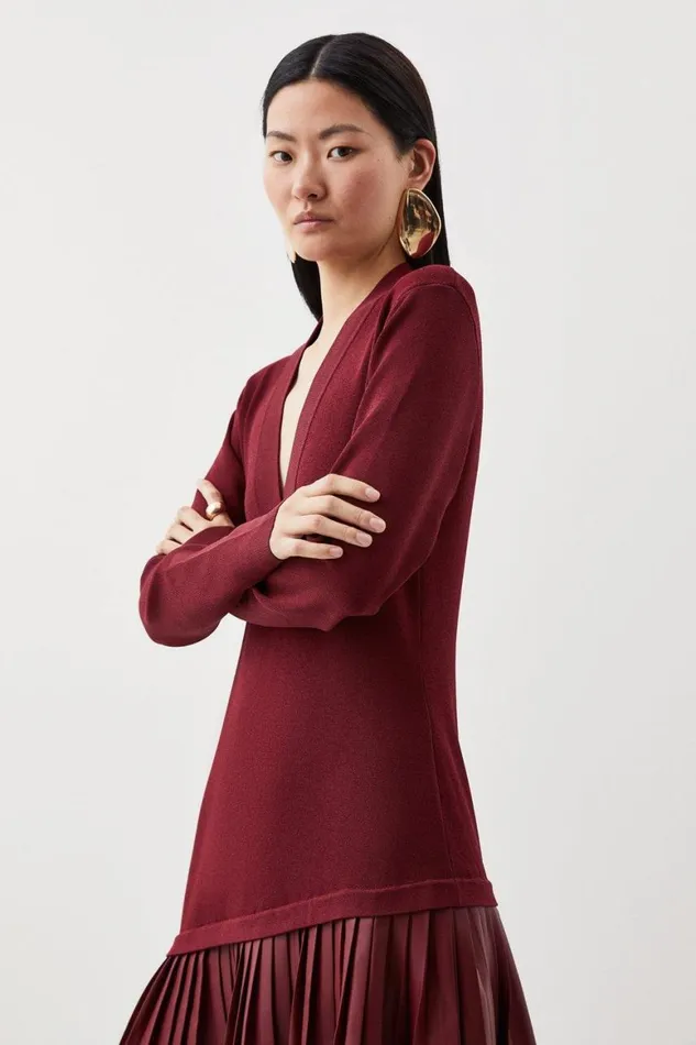 Dresses Women Karen Millen Pu Knit Belted Midi Dress Burgundy