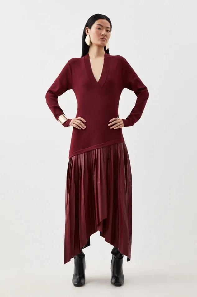 Dresses Women Karen Millen Pu Knit Belted Midi Dress Burgundy