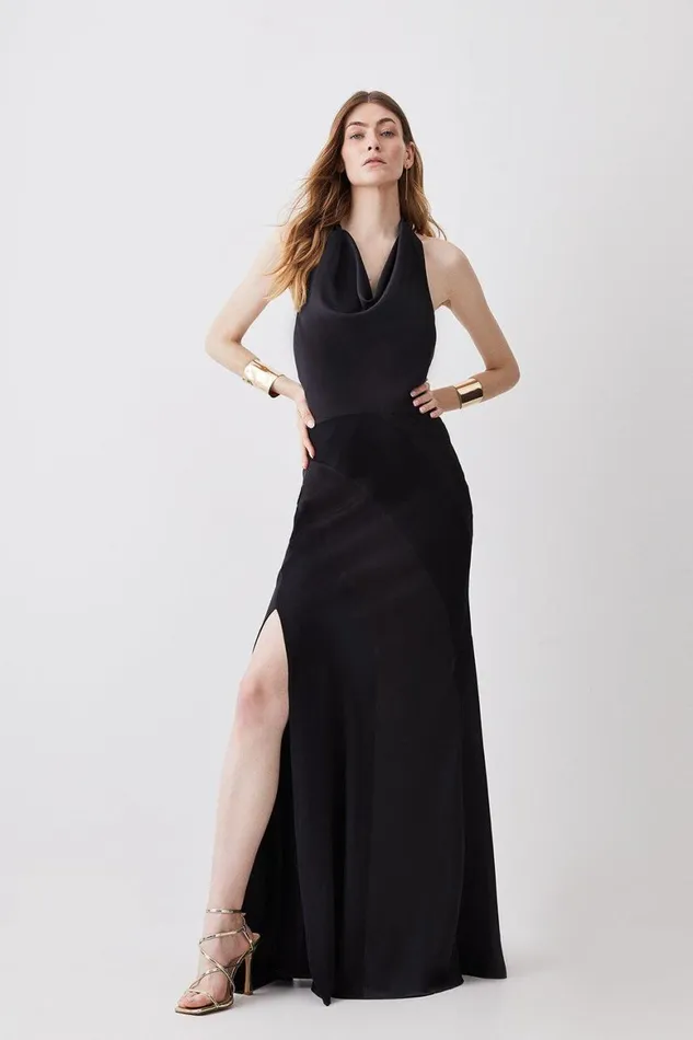 Dresses Women Karen Millen Satin Mix Cowl Neck Maxi Dress Black