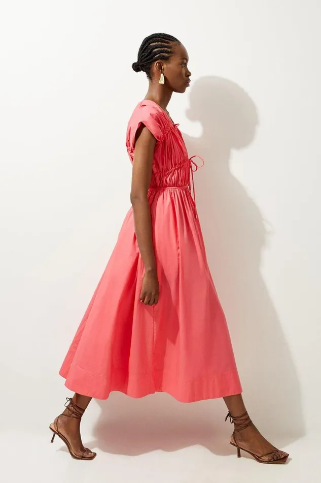 Dresses Women Karen Millen Shirred Bodice Tie Woven Midi Dress Pink