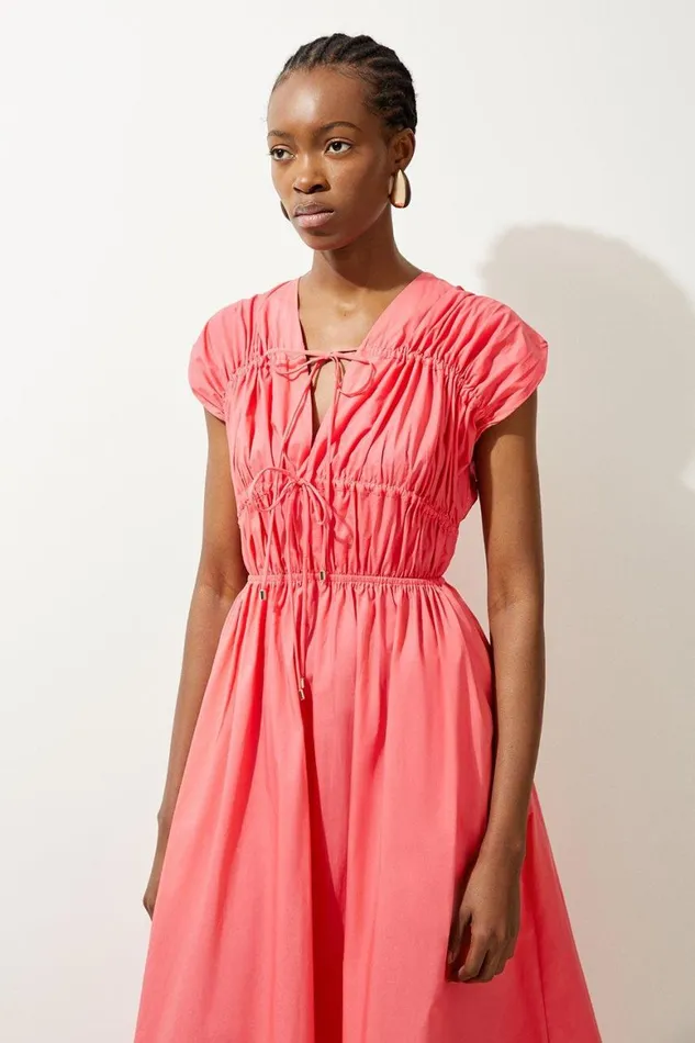 Dresses Women Karen Millen Shirred Bodice Tie Woven Midi Dress Pink