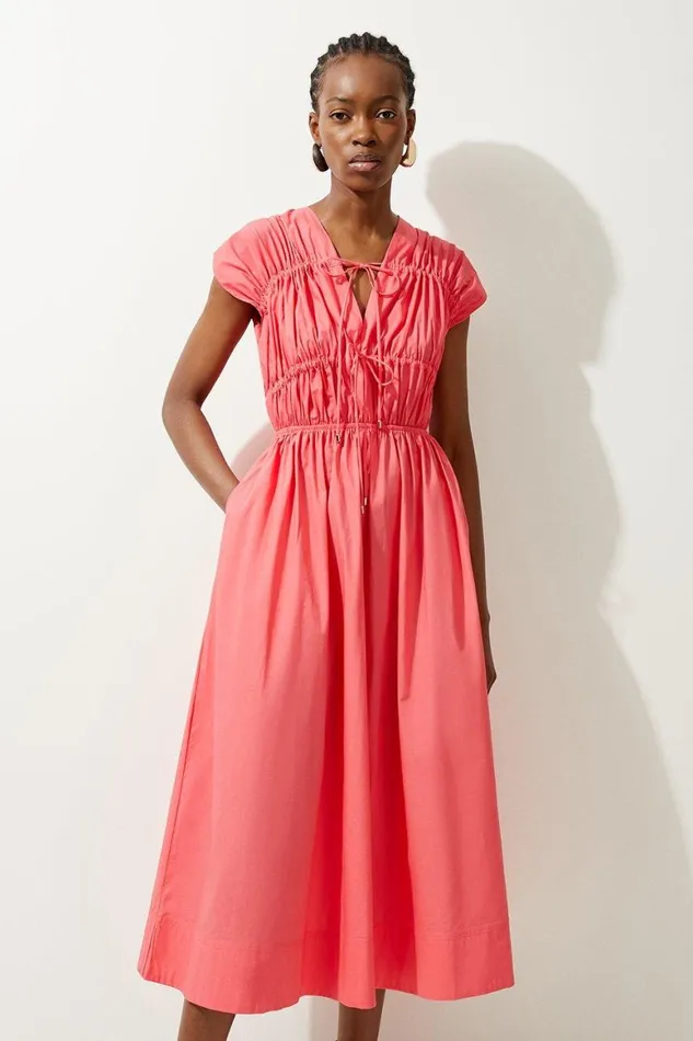 Dresses Women Karen Millen Shirred Bodice Tie Woven Midi Dress Pink