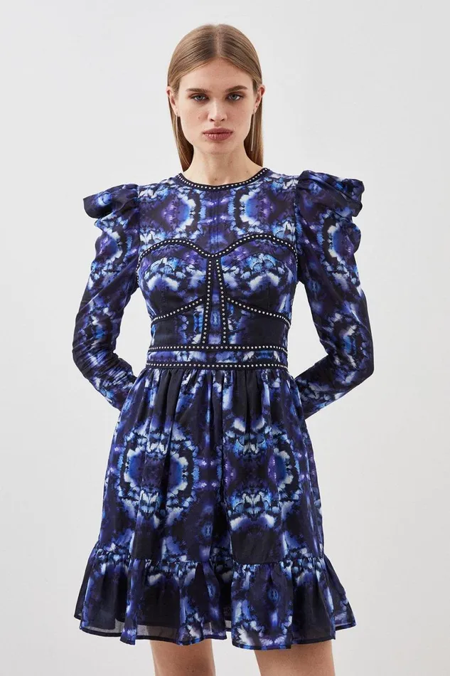 Dresses Women Karen Millen Silk Cotton Border Print Woven Mini Dress Blue