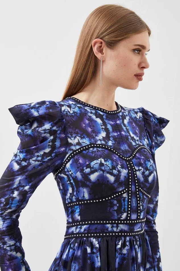 Dresses Women Karen Millen Silk Cotton Border Print Woven Mini Dress Blue