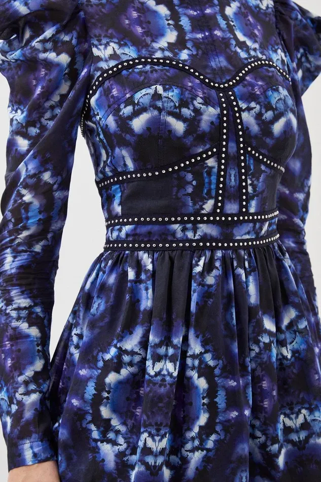Dresses Women Karen Millen Silk Cotton Border Print Woven Mini Dress Blue