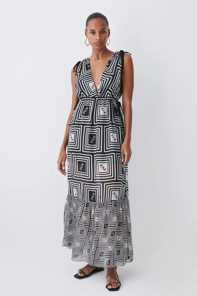 Dresses Women Karen Millen Silk Viscose Km Logo Tiered Maxi Beach Dress Mono