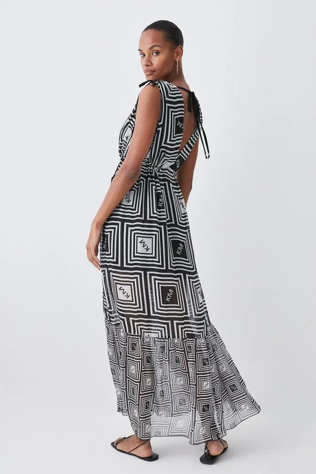 Dresses Women Karen Millen Silk Viscose Km Logo Tiered Maxi Beach Dress Mono