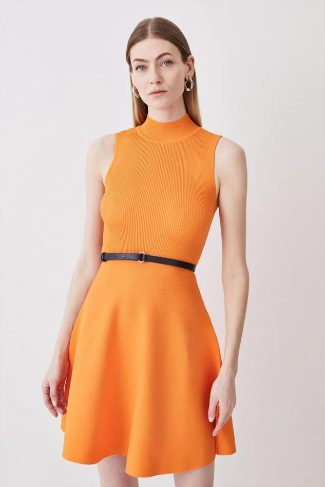 Dresses Women Karen Millen Sleeveless Rib Knitted Skater Mini Dress Orange