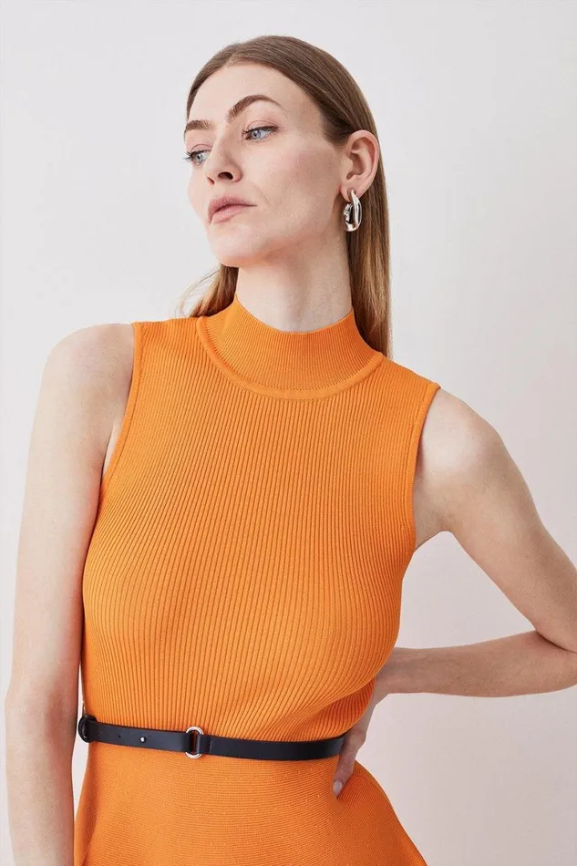 Dresses Women Karen Millen Sleeveless Rib Knitted Skater Mini Dress Orange