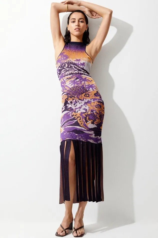 Dresses Women Karen Millen Sleeveless Slinky Jacquard Cut Out Back Knitted Midi Dress Purple Dresses Women Karen Millen Sleeveless Slinky Jacquard Cut Out Back Knitted Midi Dress Purple