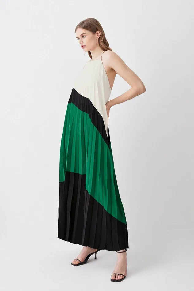 Dresses Women Karen Millen Soft Tailored Pleated Halter Neck Maxi Dress Green Dresses Women Karen Millen Soft Tailored Pleated Halter Neck Maxi Dress Green