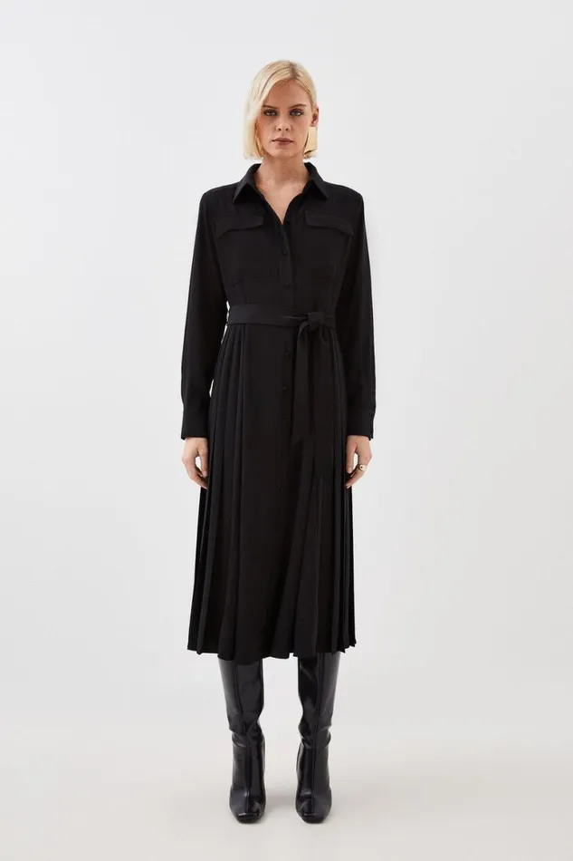 Dresses Women Karen Millen Soft Tailored Pleated Pocket Detail Midi Shirt Dress Black Dresses Women Karen Millen Soft Tailored Pleated Pocket Detail Midi Shirt Dress Black