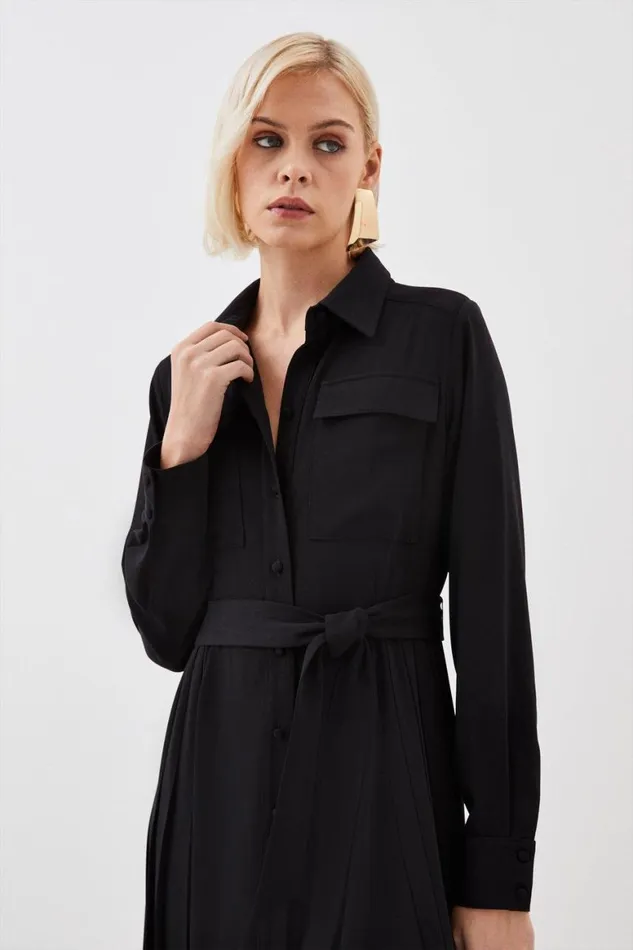 Dresses Women Karen Millen Soft Tailored Pleated Pocket Detail Midi Shirt Dress Black