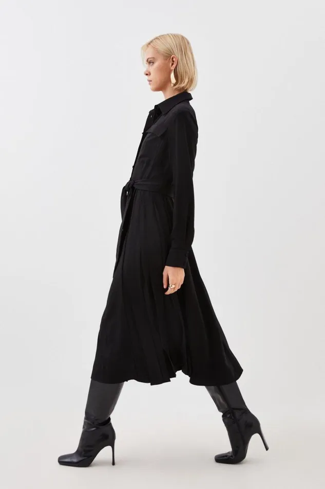 Dresses Women Karen Millen Soft Tailored Pleated Pocket Detail Midi Shirt Dress Black