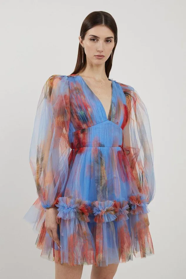 Dresses Women Karen Millen Spring Floral Tulle Plunge Mini Dress Blue