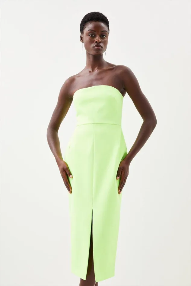 Dresses Women Karen Millen Stretch Crepe Belted Bandeau Midi Pencil Dress Lime Yellow