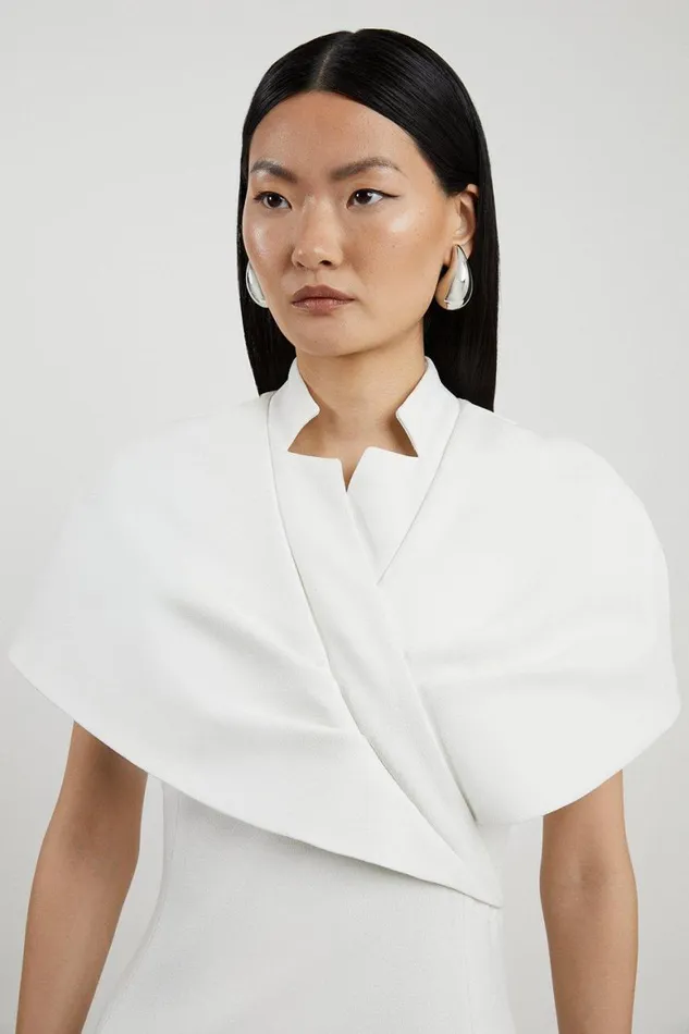 Dresses Women Karen Millen Structured Crepe Cape Detail Full Skirted Tailored Midi Dress Ivory