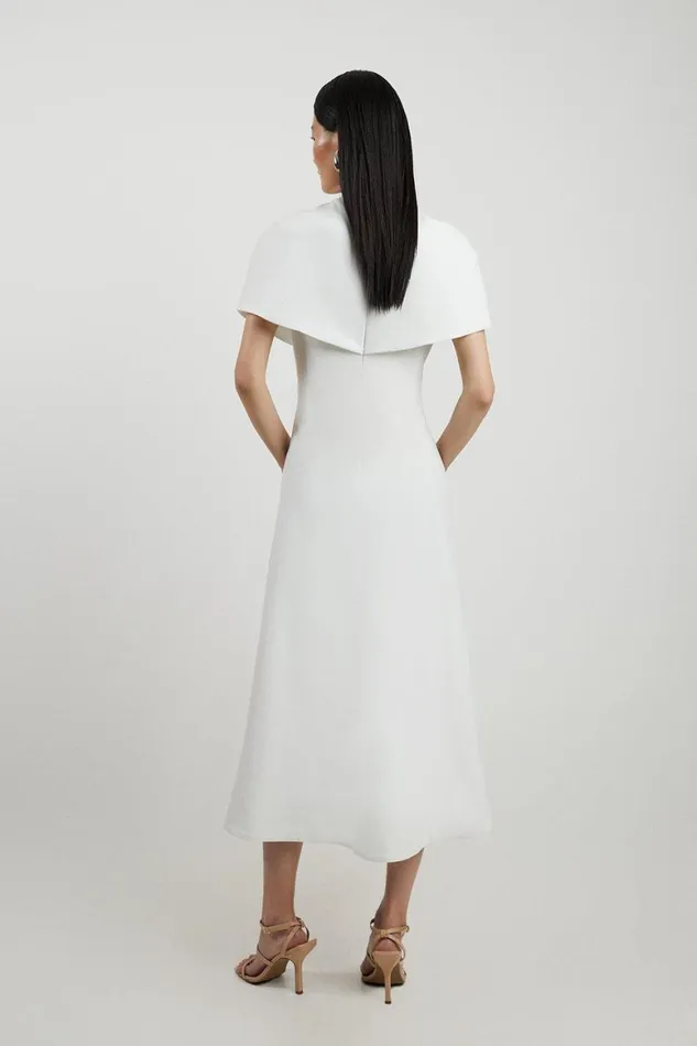 Dresses Women Karen Millen Structured Crepe Cape Detail Full Skirted Tailored Midi Dress Ivory