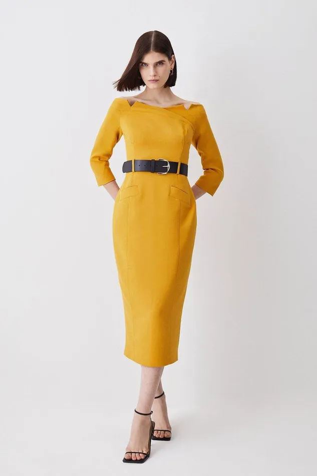 Dresses Women Karen Millen Structured Crepe Off Shoulder Belted Pencil Ochre