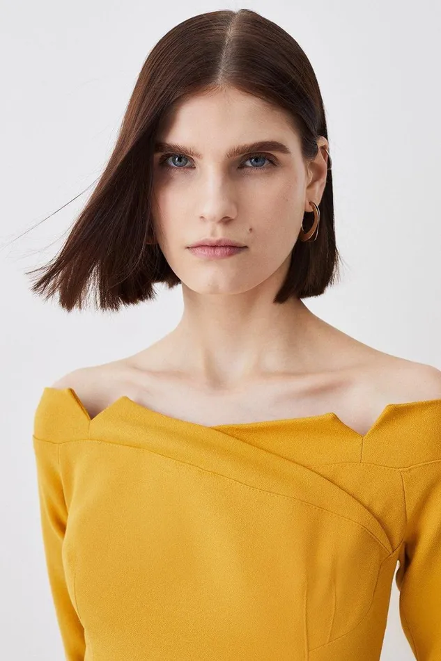 Dresses Women Karen Millen Structured Crepe Off Shoulder Belted Pencil Ochre
