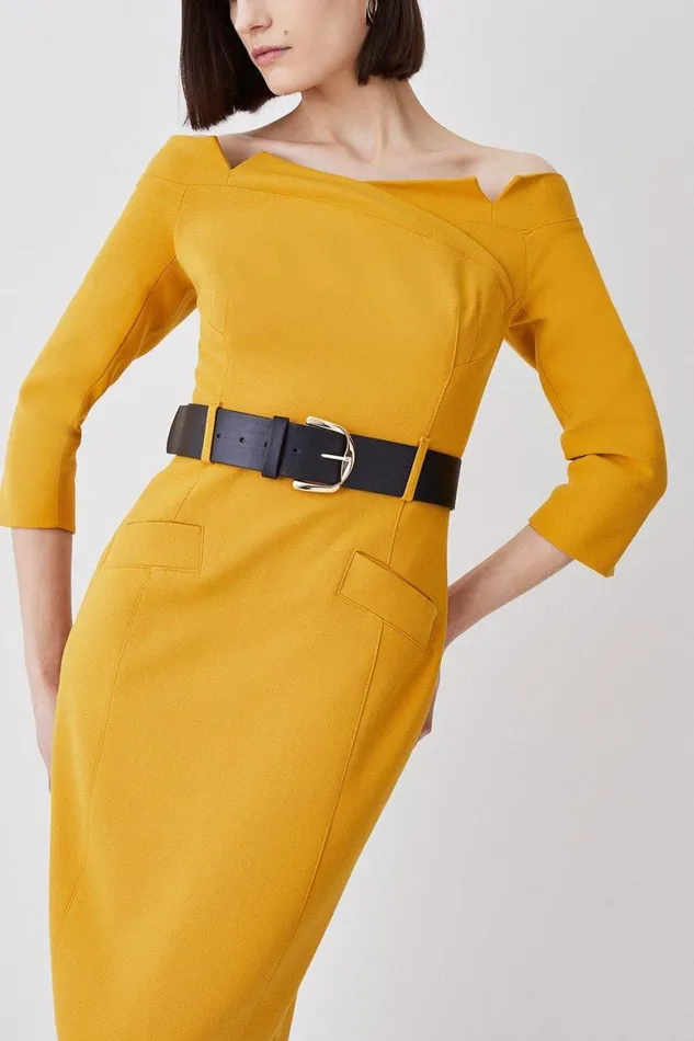 Dresses Women Karen Millen Structured Crepe Off Shoulder Belted Pencil Ochre