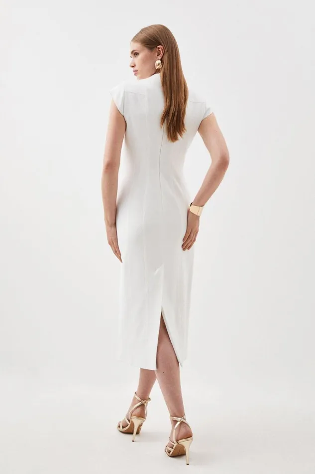 Dresses Women Karen Millen Structured Crepe Seam Detail High Neck Pencil Midi Dress Ivory