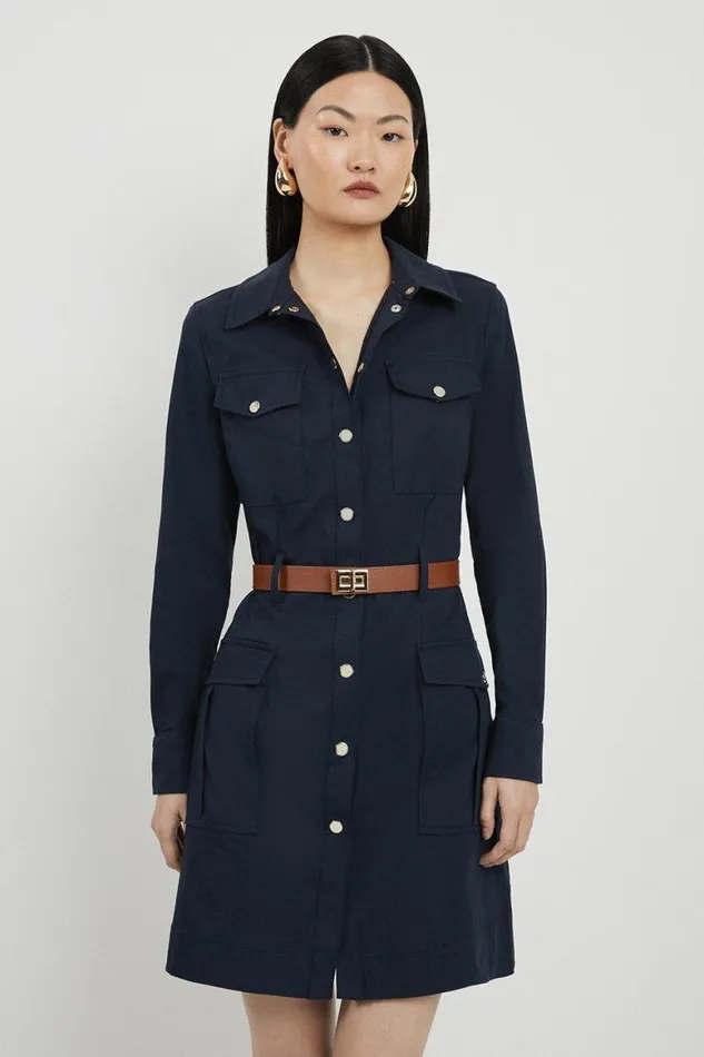 Dresses Women Karen Millen Tailored Compact Cotton Utility Belted Mini Dress Navy Dresses Women Karen Millen Tailored Compact Cotton Utility Belted Mini Dress Navy