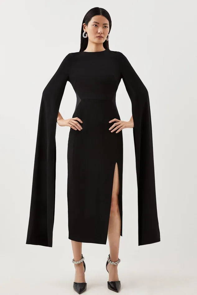 Dresses Women Karen Millen Tailored Compact Stretch Viscose Cape Mesh Panel Midi Dress Black Dresses Women Karen Millen Tailored Compact Stretch Viscose Cape Mesh Panel Midi Dress Black