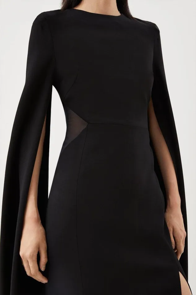 Dresses Women Karen Millen Tailored Compact Stretch Viscose Cape Mesh Panel Midi Dress Black