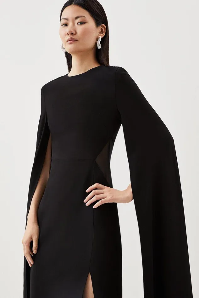 Dresses Women Karen Millen Tailored Compact Stretch Viscose Cape Mesh Panel Midi Dress Black