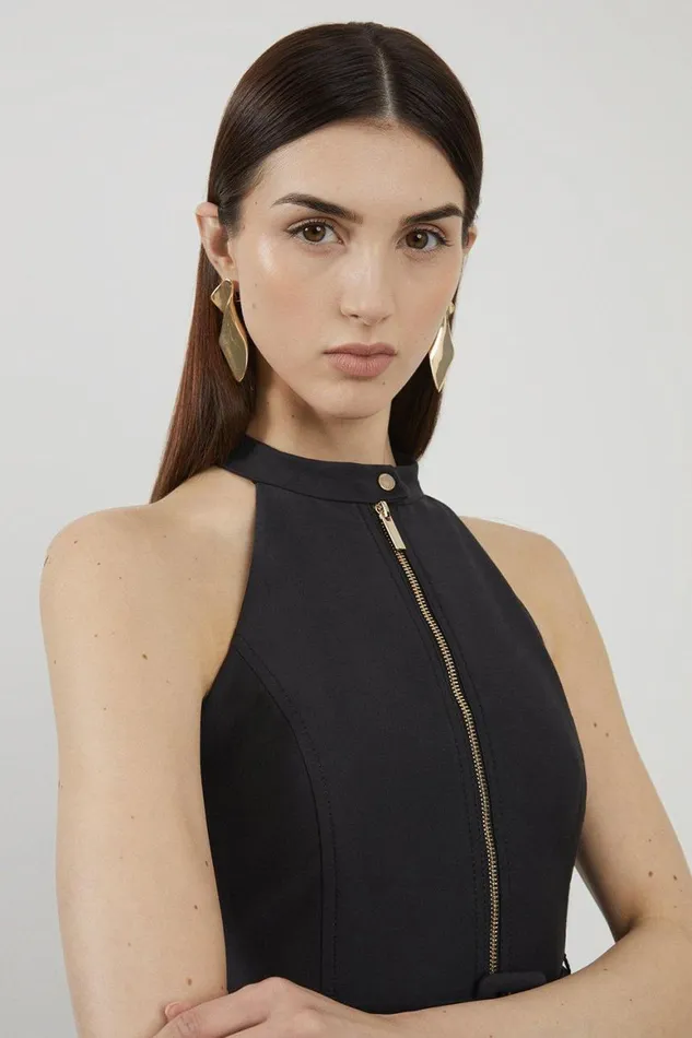Dresses Women Karen Millen Tailored Cotton Belted Halter Neck Full Skirted Midaxi Dress Black