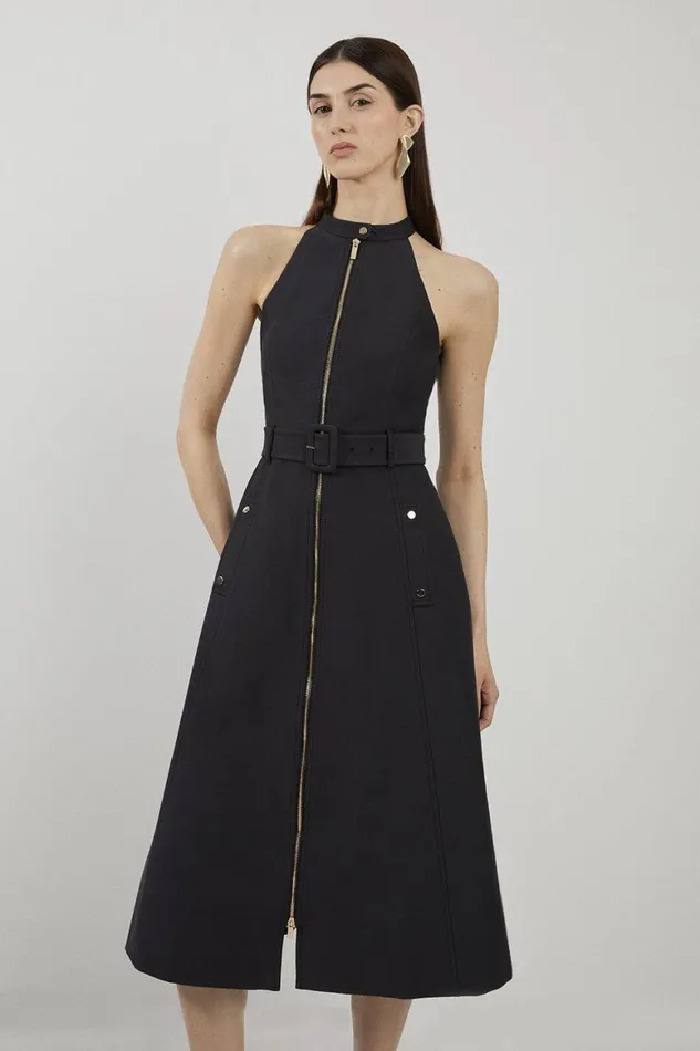 Dresses Women Karen Millen Tailored Cotton Belted Halter Neck Full Skirted Midaxi Dress Black