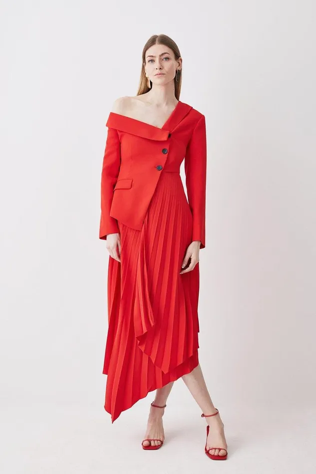 Dresses Women Karen Millen Tailored Crepe Asymmetric Pleated Midi Dress Red
