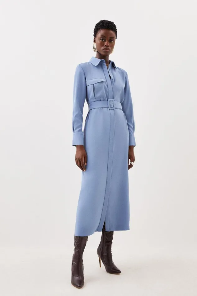 Dresses Women Karen Millen Tailored Crepe Pocket Detail Belted Midi Shirt Dress Mid Blue
